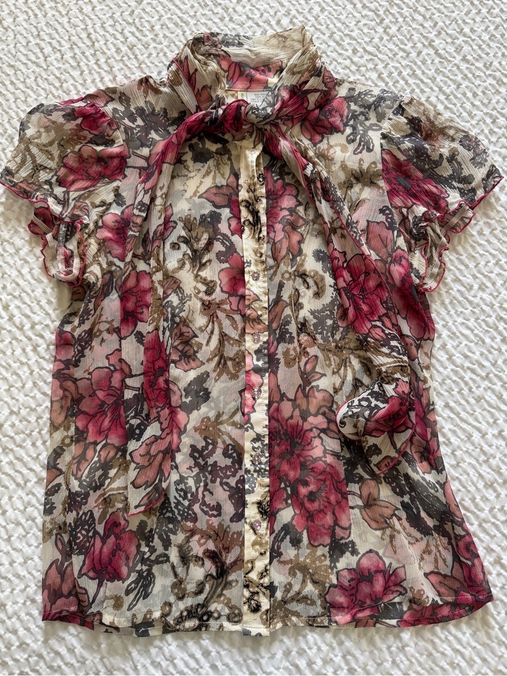 Vintage Tom K Nguyen Silk Floral Tie-Neck Blouse, Size 8